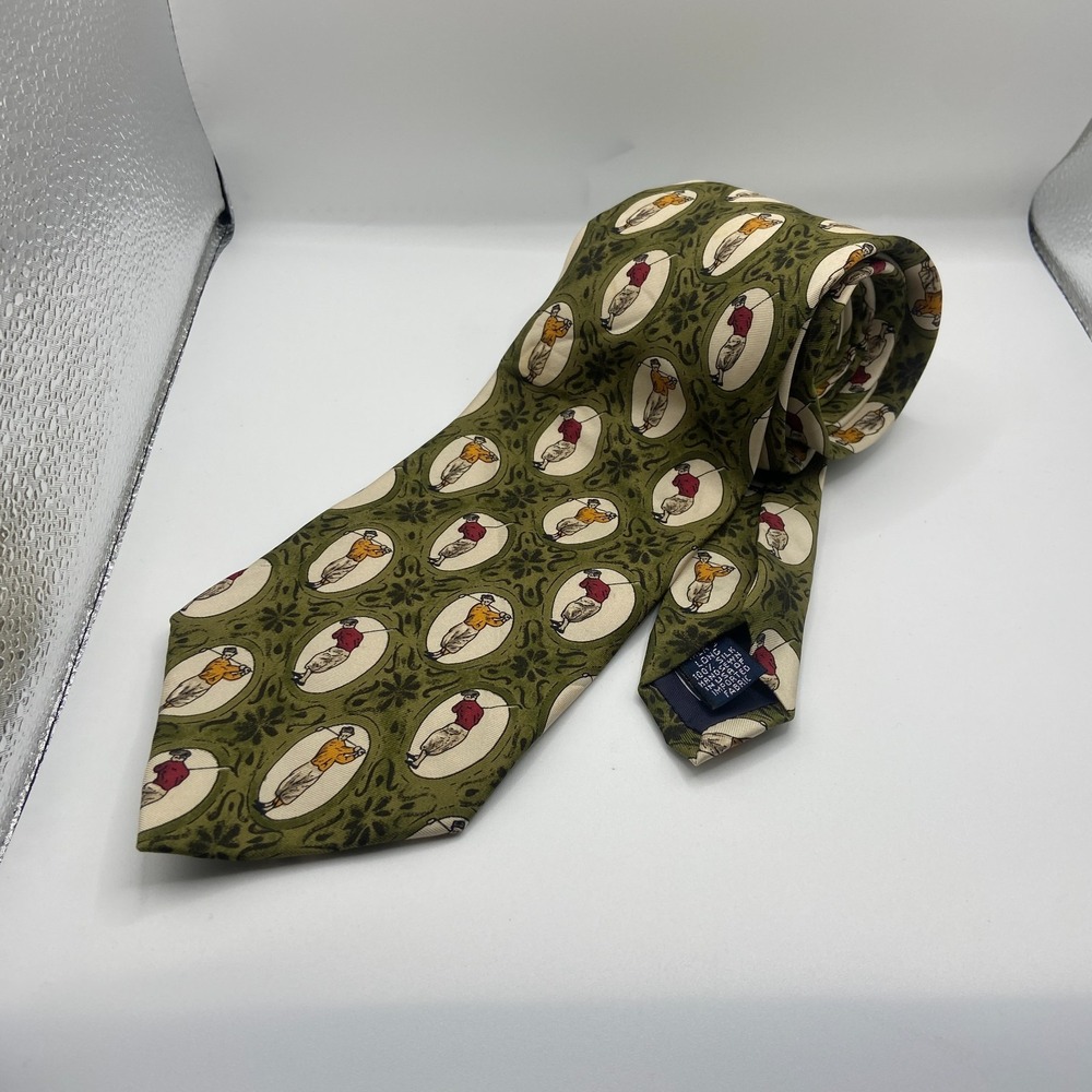 Lands' End Necktie Mens Green Golf Motif Damask Silk Adjustable Business Formal